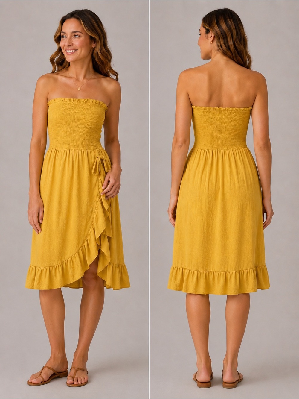 She + Sky Mustard Women's Yellow Strapless Ruffle Dress Size M